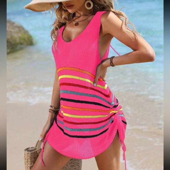 Sexy Knit Ruched Drawing String Swim Bath Suit Cover Up Dress White - Picture 12 of 12